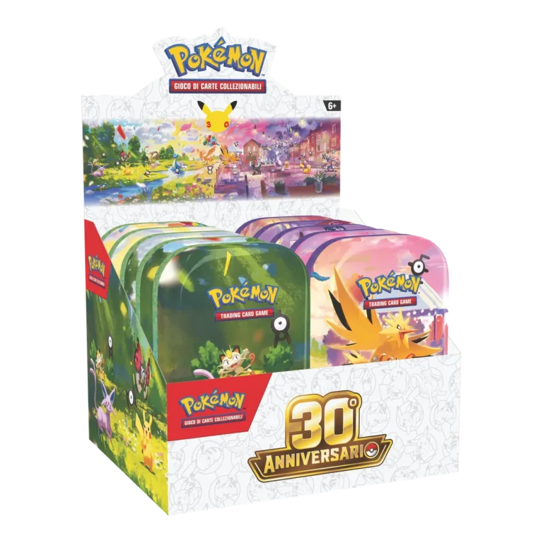 Display Mini Tin 30° Anniversario Pokémon GCC italiano, vista sinistra