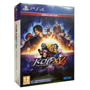 The King of Fighters XV Omega Edition PS4 - confezione italiana a tre quarti, fronte e spessore del box, PEGI 12