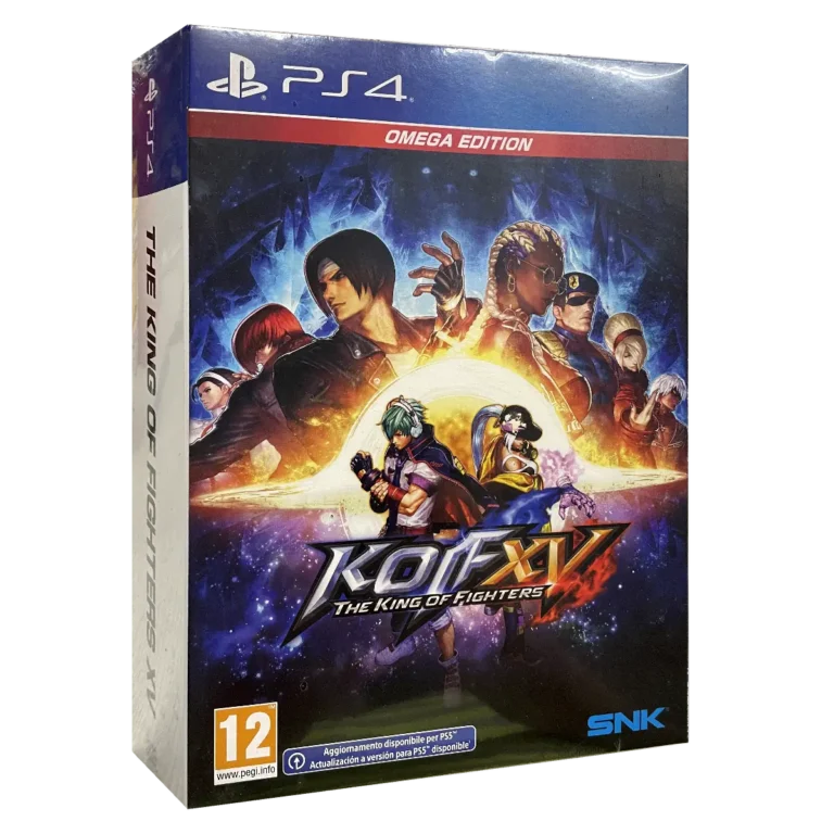 The King of Fighters XV Omega Edition PS4 - confezione italiana a tre quarti, fronte e spessore del box, PEGI 12