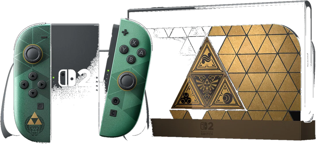 Nintendo Switch 2 Edizione 40° Anniversario di The Legend of Zelda, con il dock decorato dalla Triforza